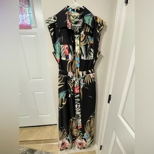 Tropical Print Button-Down Jumpsuit with Belt – Size Medium